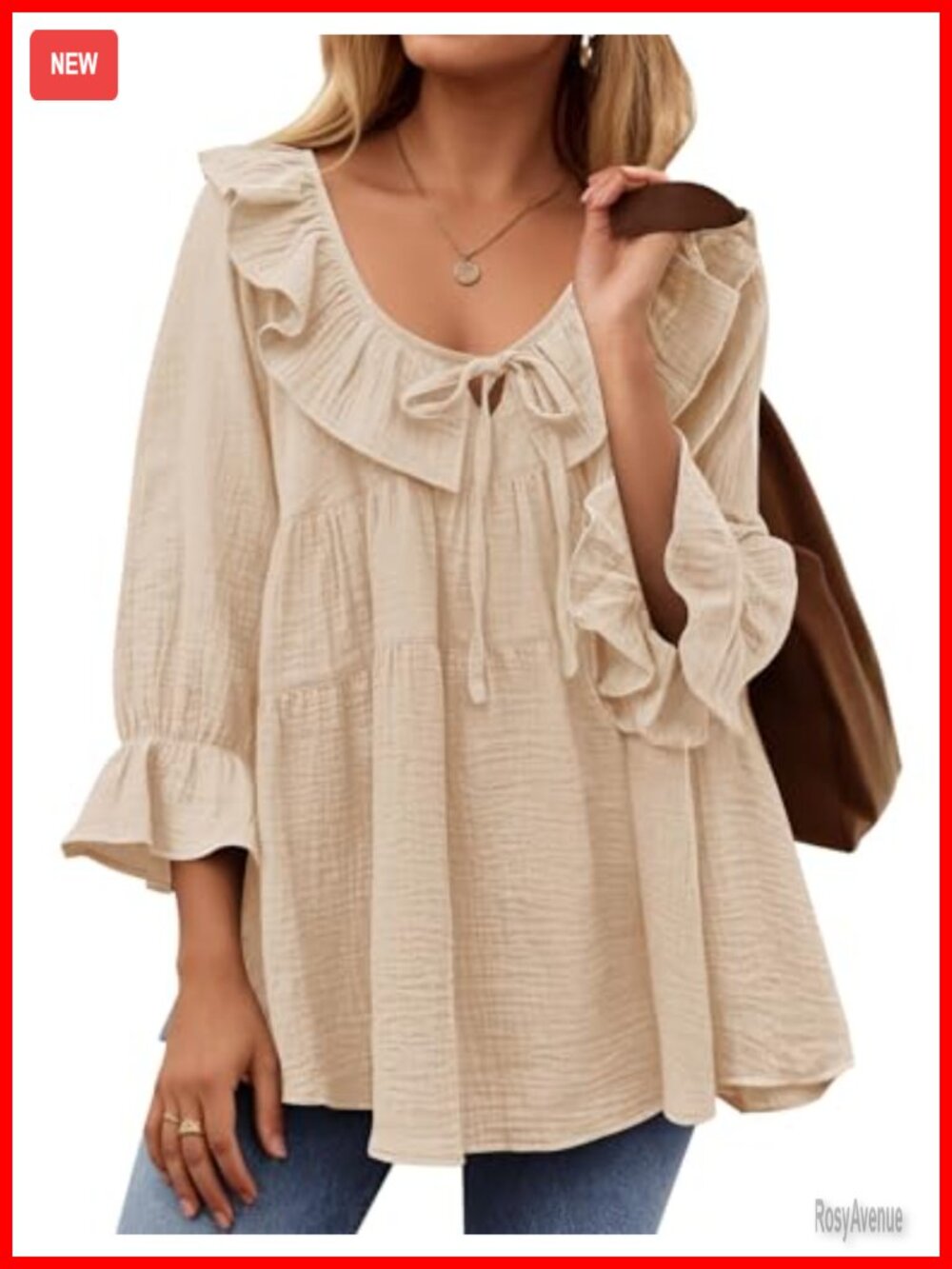 Womens Flowy Boho Tunic Top 3/4 Puff Sleeve Tie Front Loose Fit Blouse